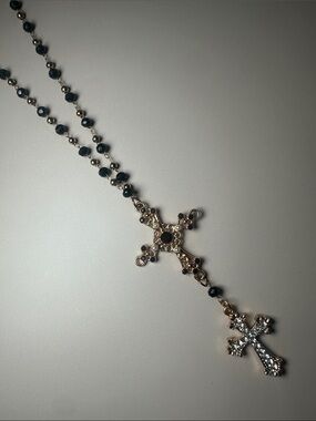 Gold-Tone Cross Rosary Necklace with Black Beads -